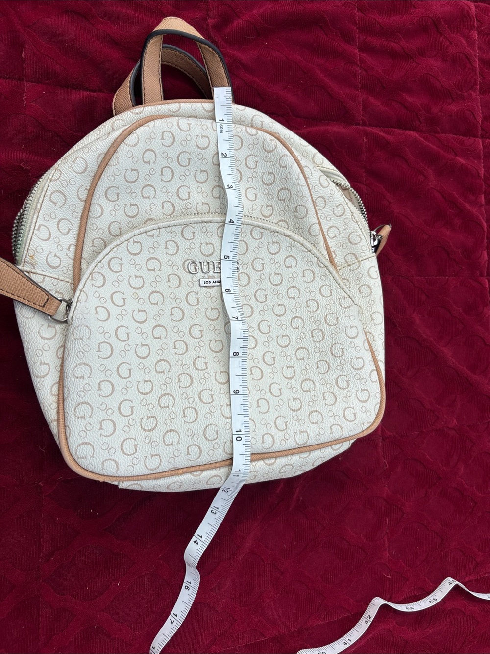 GUESS Cream Logo-Print Mini Backpack with Tan Trim